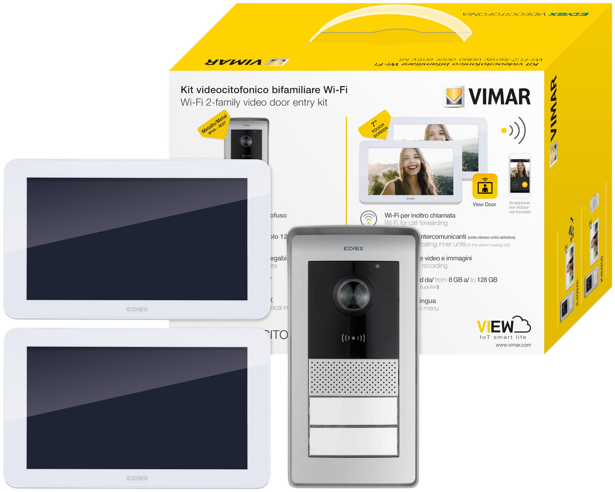 Vimar K42946 Kit de videoportero smart con 2 videoporteros Wi-Fi con pantalla táctil, placa audio/vídeo con lector RFID, alimentadores con clavijas intercambiables, distribuidor bus