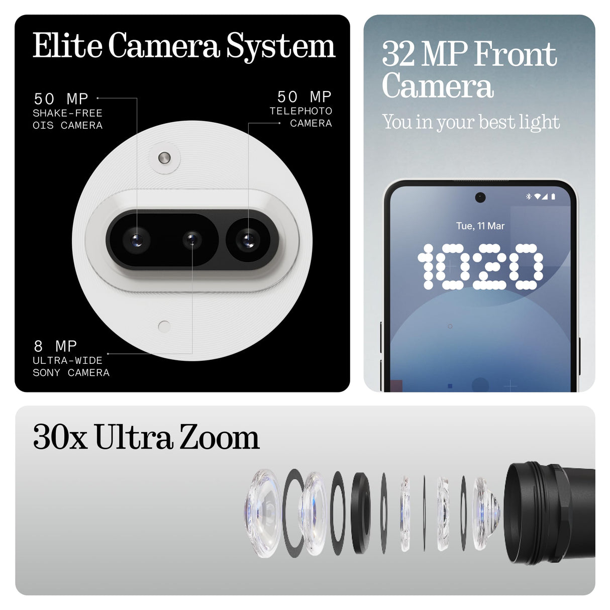 Nothing Phone (3a) 256 GB - Handy mit Essential Space, 50-MP-Hauptkamera, 32-MP-Frontkamera, 30-facher Ultra-Zoom, 12 GB RAM, Langer Akkulaufzeit und 6,77 Zoll Flexibles FHD+ AMOLED-Display - Weiß