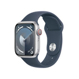 Apple Watch Series 9 [GPS + Cellular] Smartwatch con Caja de Aluminio en Plata de 41 mm y Correa Deportiva Azul tempestad - Talla M/L. Monitor de entreno, App Oxígeno en Sangre, Resistencia al Agua