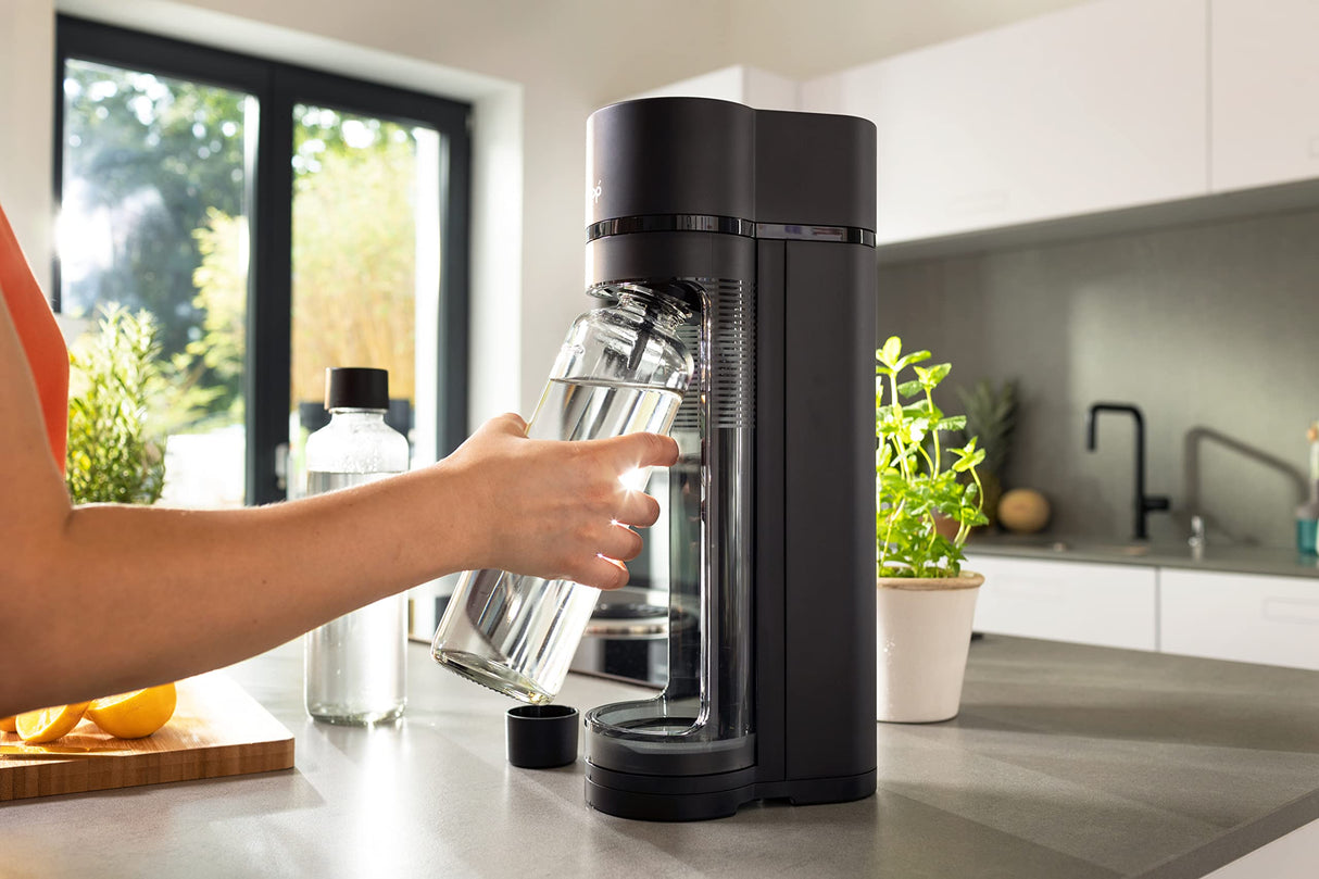 Sodapop Kit de iniciación con pulverizador de agua Logan con cilindro de CO₂, incluye 2 botellas de cristal (850 y 600 ml) y 1 botella de PET (850 ml), color negro mate, altura 42,6 cm