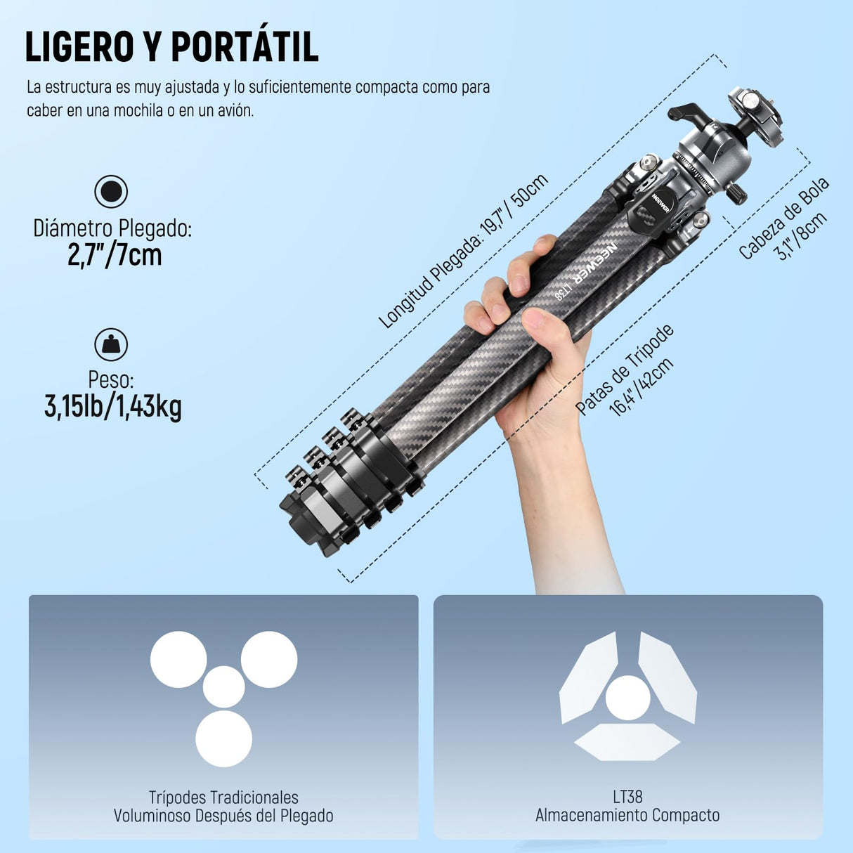 NEEWER LITETRIP LT38 - Trípode de viaje de fibra de carbono de 61 pulgadas para cámara, cabezal de bola de perfil bajo de inclinación panorámica de 360°, eje central flexible, placa QR Arca compatible