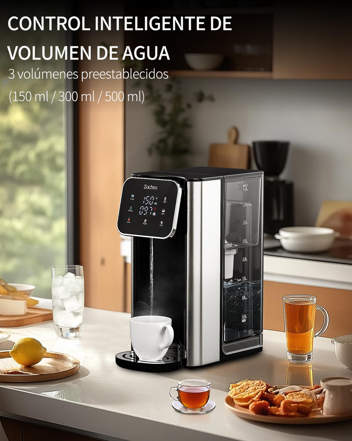ZACHVO Dispensador de Agua Caliente UR05-2200W Agua Caliente en Segundos, 4 Niveles de Temperatura y 3 Cantidades de Agua, Depósito de 4L, Compacto, Filtro de Carbón Activo, para Cocina y Oficina