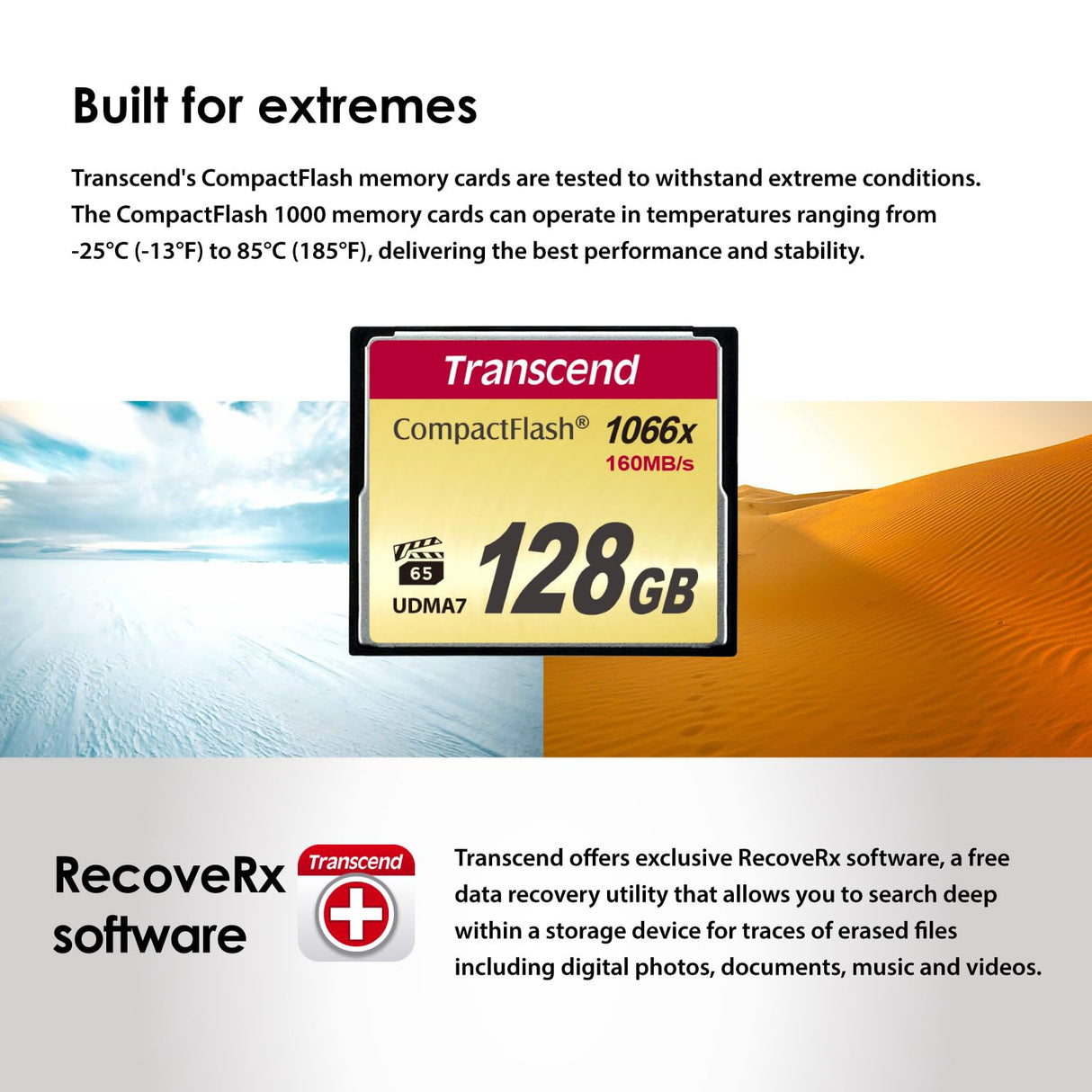 Transcend 128GB CompactFlash 1000 Memory Card, hasta 160/120 MB/s, Suitable para grabación de Video en resolución Ultra Alta Full HD, 3D y 4K UHDTV TS128GCF1000