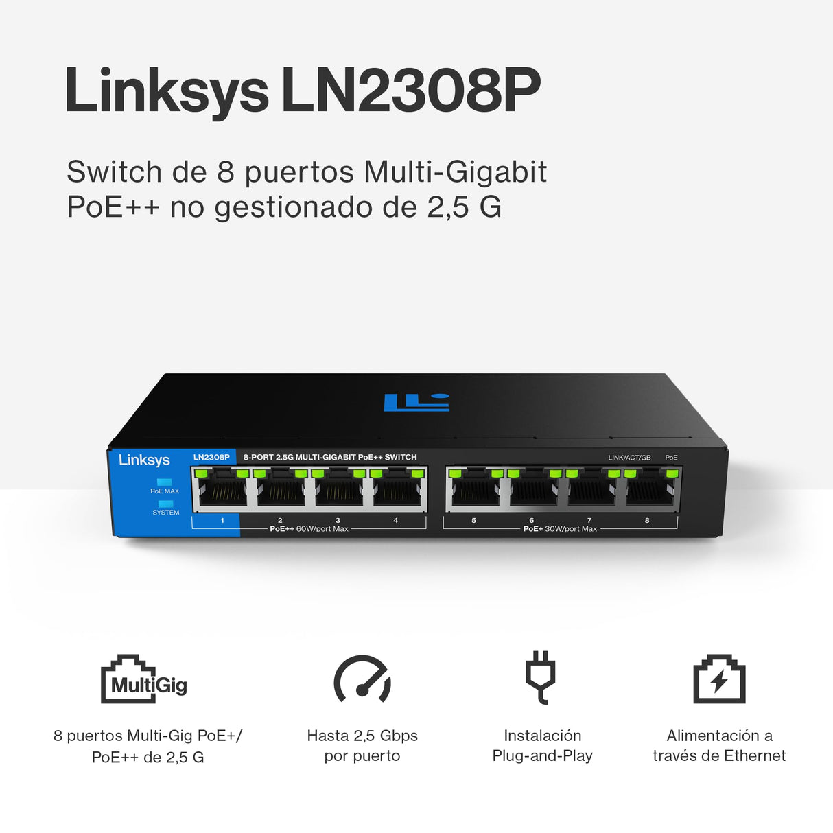 Switch PoE++ multigigabit Linksys no administrado de 8 Puertos y 2,5 G | Ethernet bajo Consumo | Control dúplex Completo | para WiFi 6/6E/7 y cámaras IP | Carcasa metálica | Presupuesto PoE de 180 W