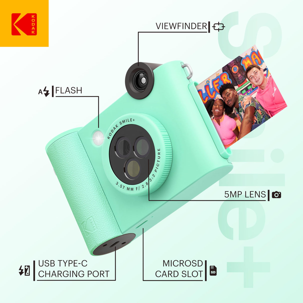 KODAK Smile+ - Cámara instantánea Digital 2 en 1 e Impresora fotográfica - Estuche Suave + Papel Zink - 10 MP, Lente giratoria, Verde