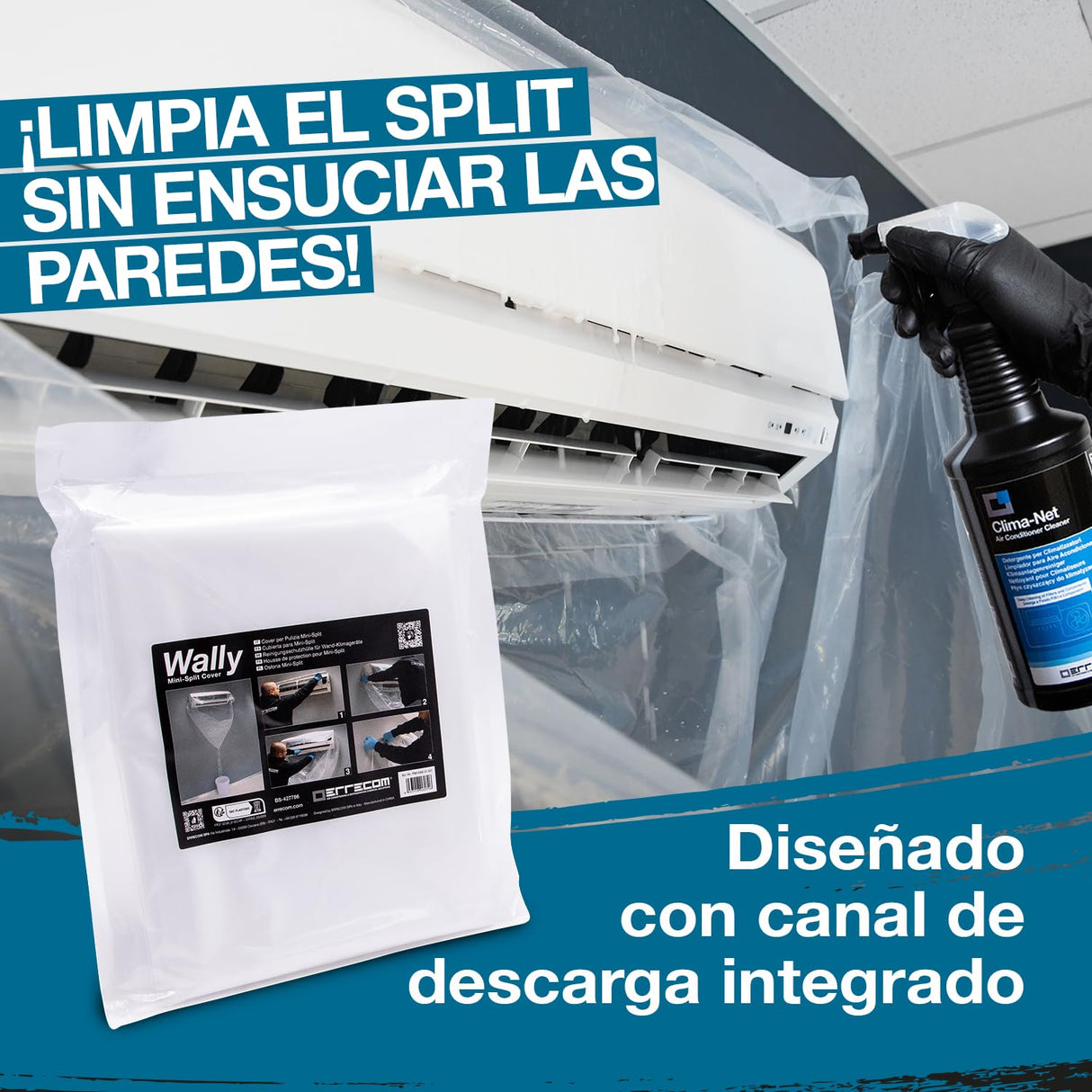 ERRECOM Kit Limpieza Completa Aire Acondicionado: JET GUN PRO+ Hidrolimpiadora Portátil, Clima-Net 1L Limpiador Unidad Interna/Externa, A/C Tabs Pastillas, Cover Protección Paredes Wally, Guantes