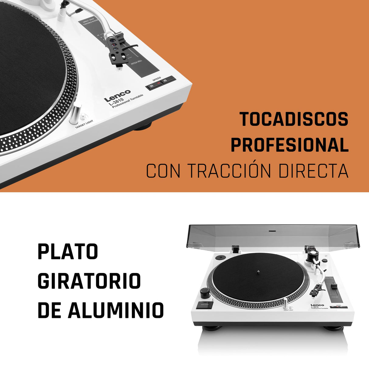 Lenco L-3810WH - Tocadiscos de accionamiento Directo - Control de Tono - Codificación USB/PC - Blanco