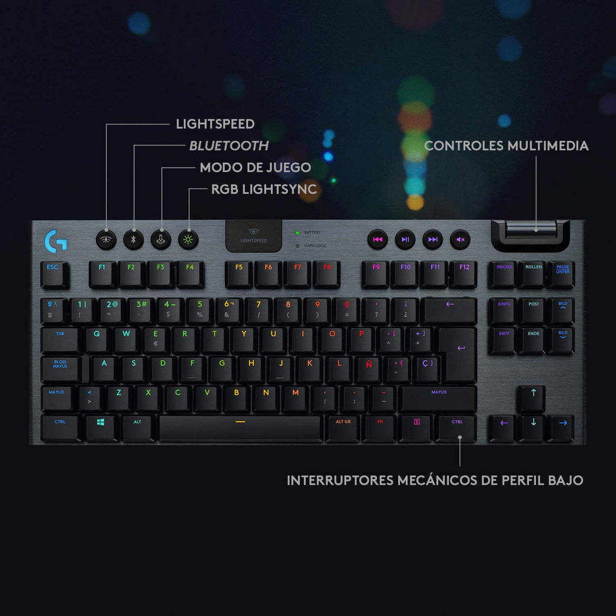 Logitech G915 LIGHTSPEED TKL Teclado Gaming Mecánico Inalámbrico con teclas GL-Táctil de bajo perfil, LIGHTSYNC RGB, Diseño ultra delgado, 40 Horas duración de Batería, Disposición QWERTY ES - Negro