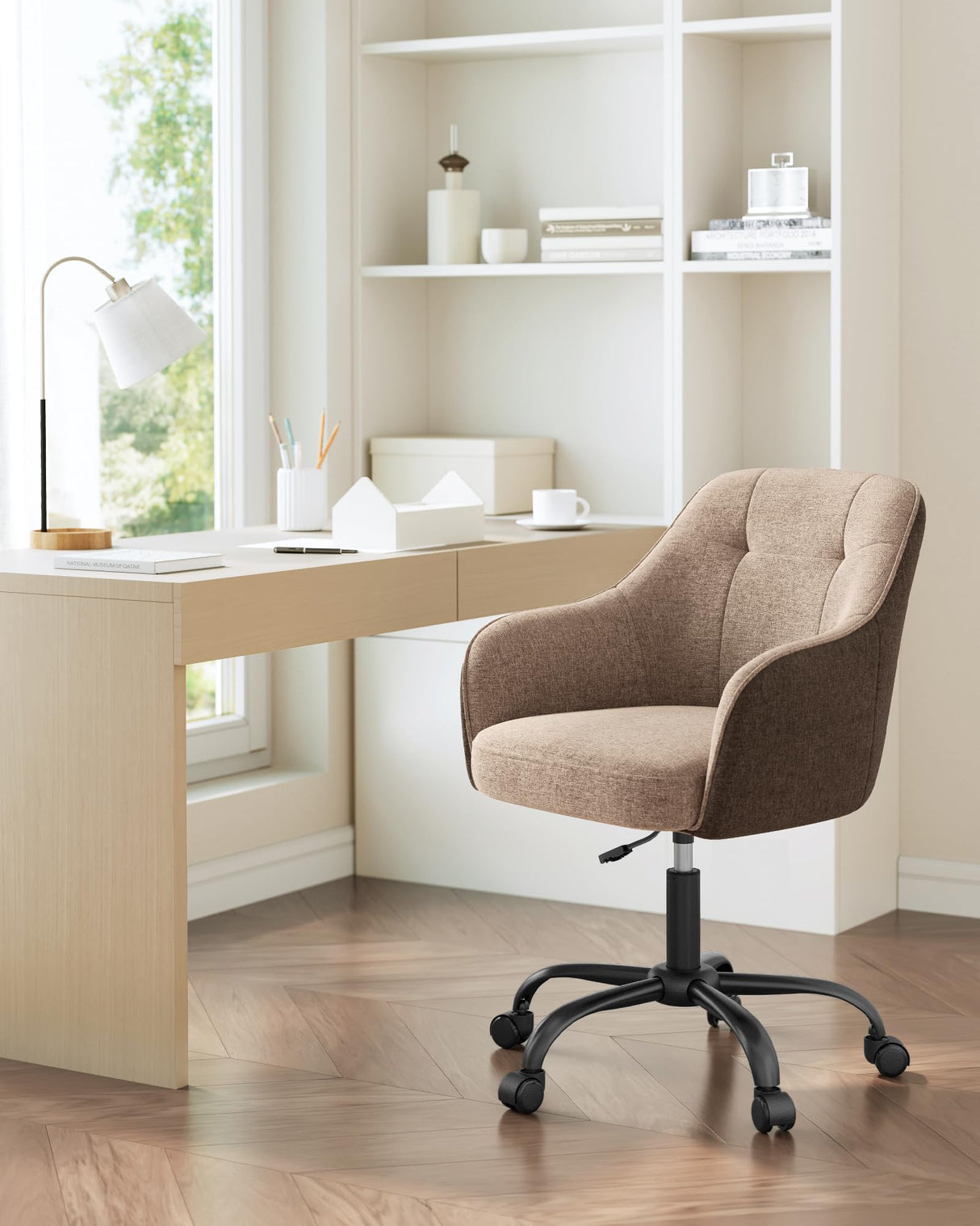 SONGMICS Silla de Estudio, Silla Giratoria, Altura Ajustable, Carga de 110 kg, Marco de Acero, Tela de Algodón-Lino Transpirable, para Estudio, Dormitorio, Marrón OBG019K01