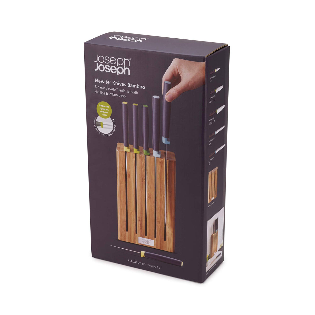 Joseph Joseph Elevate Knives - Set de 5 Cuchillos con Portacuchillos de Bambú - Multicolor