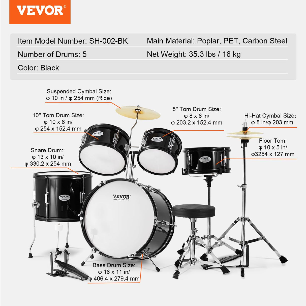 VEVOR Juego de Batería para Niños de Cinco Piezas, Juego Completo de Batería para Niños Principiantes con Bajo, TOMS, Caja, Bombo, Trono Ajustable, Pedal de Charles y Dos Pares de Baquetas, Negro