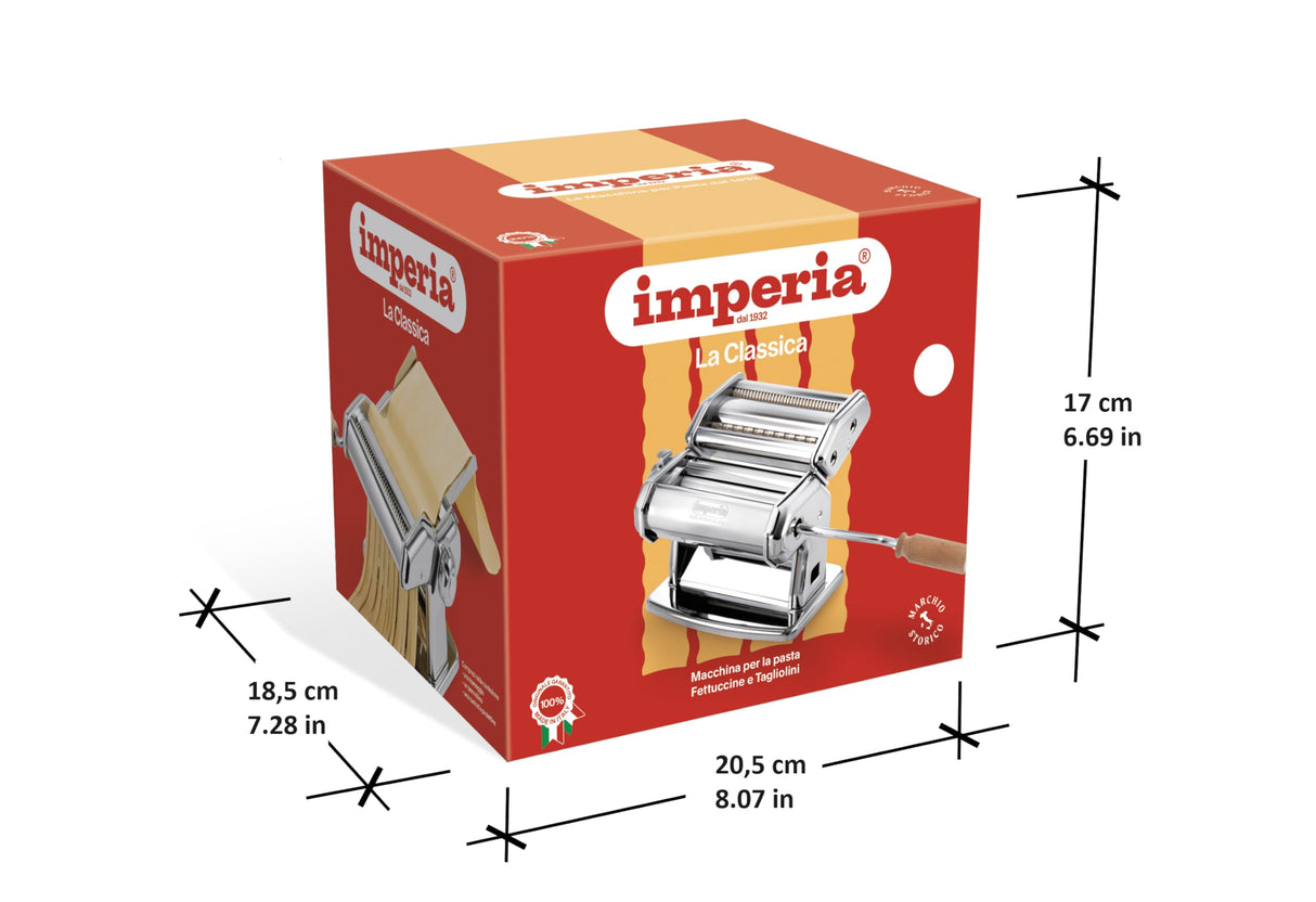 Imperia IPasta Línea Clásica. Máquina para Pasta. 100% Made in Italy. Máquina de pasta fresca en acero. Laminadora manual con manivela. Crea láminas para lasagne, tagliolini, fettuccine.