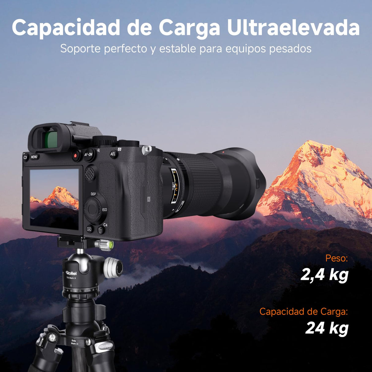 Rollei Rock Solid Beta Mark III, 178,5cm Tripode Fibra de Carbono Trípode Cámara Negro con Capacidad de Carga de 24kg Camera Tripod Flexible con Función de Monopié para Fotografía Profesional