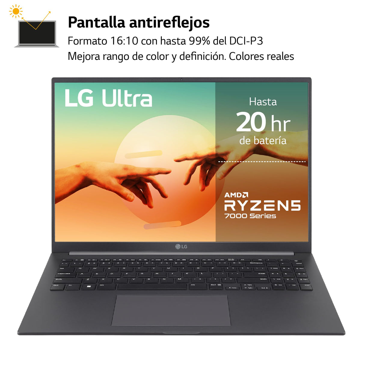 LG Ultra 16UD70R-G.AX59B - Ordenador Portátil, 16 Pulgadas, 16:10 IPS, Sin Sistema Operativo, Ryzen R5, 16 GB RAM, 1TB SSD, 1.6Kg, Hasta 20 Hr de Autonomía, Color Gris Carbón