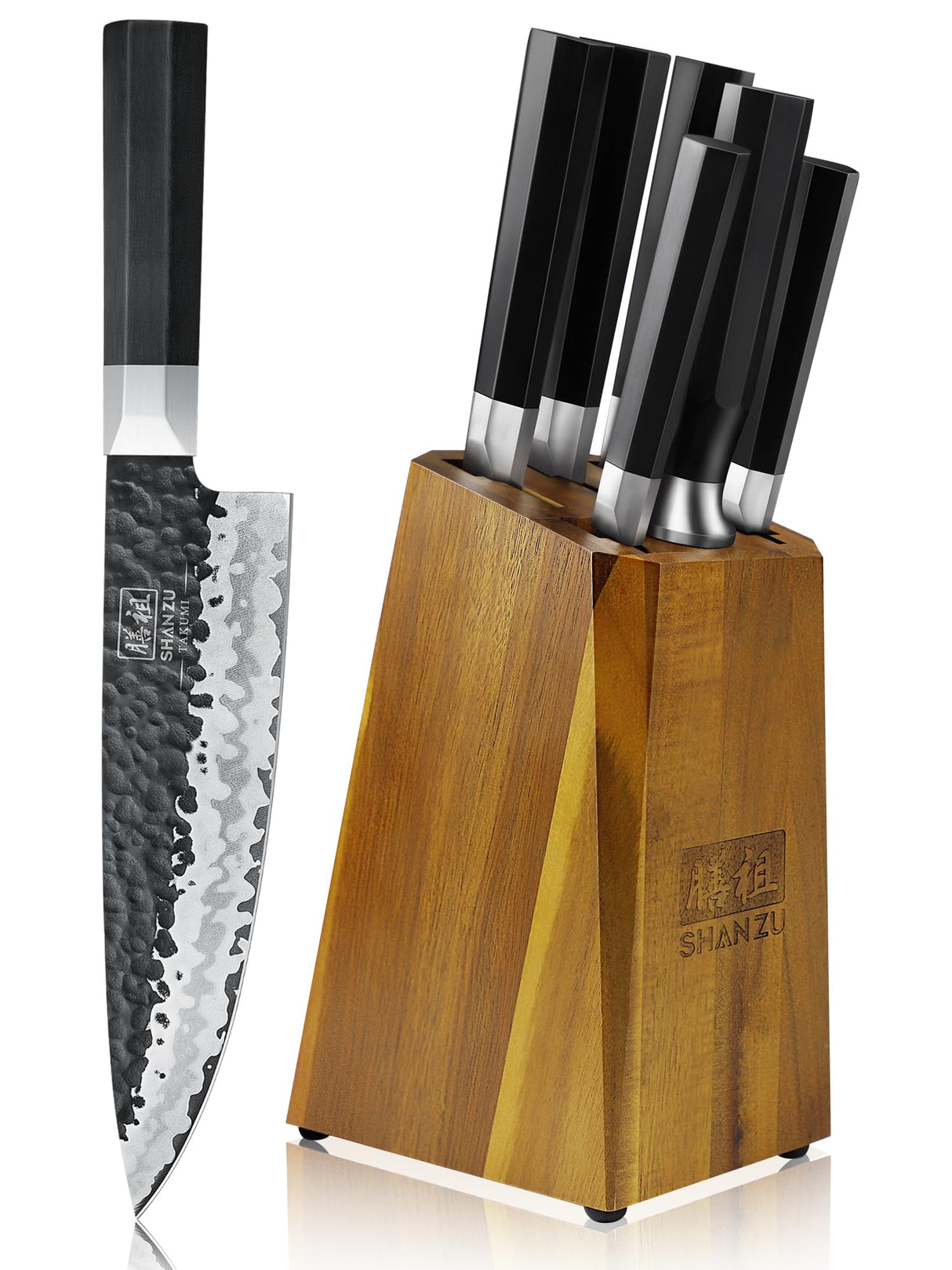 SHAN ZU 7 Piezas Juego de Cuchillos de Cocina con Bloque, Set de Cuchillos Afilados en Acero 9Cr18MOV de 7 Capas, Cuchillo Japonés Forjado a Mano, Bloque de Cuchillo de Chef, Mango G10 - TAKUMI Series