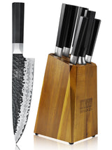 SHAN ZU 7 Piezas Juego de Cuchillos de Cocina con Bloque, Set de Cuchillos Afilados en Acero 9Cr18MOV de 7 Capas, Cuchillo Japonés Forjado a Mano, Bloque de Cuchillo de Chef, Mango G10 - TAKUMI Series