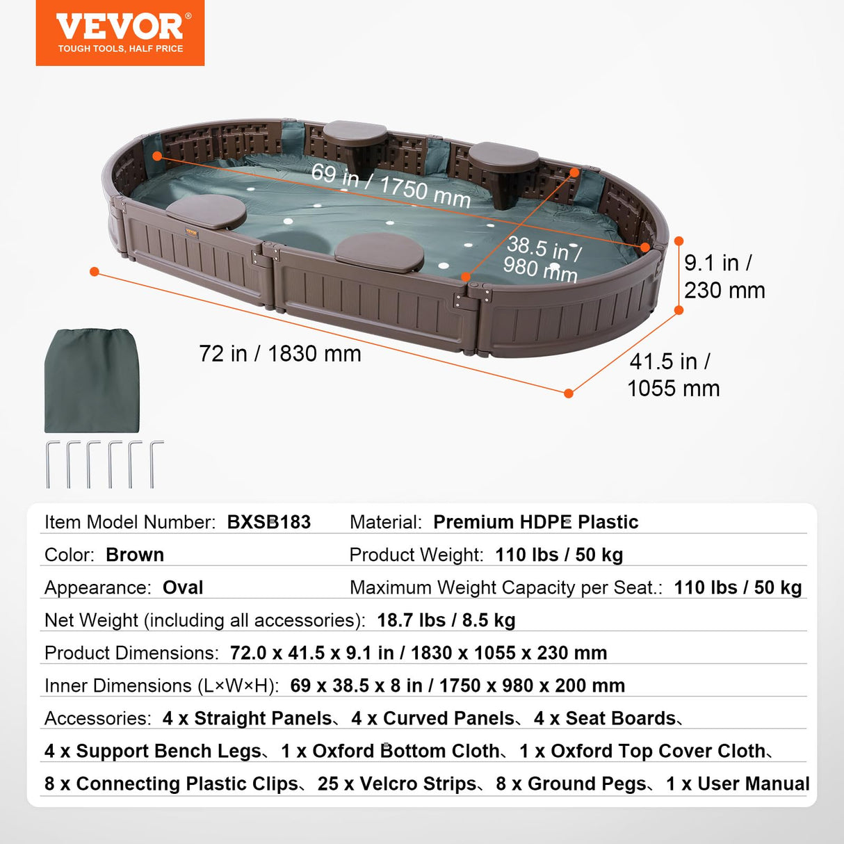 VEVOR Caja de Arena con Tapa Areno de HDPE Ovalado de 183x105,5x23cm con 4 Asientos en Las Esquinas y Revestimiento Inferior para Niños de 3 a 12 Años para Patio al Aire Libre, Playa, Parque, Marrón