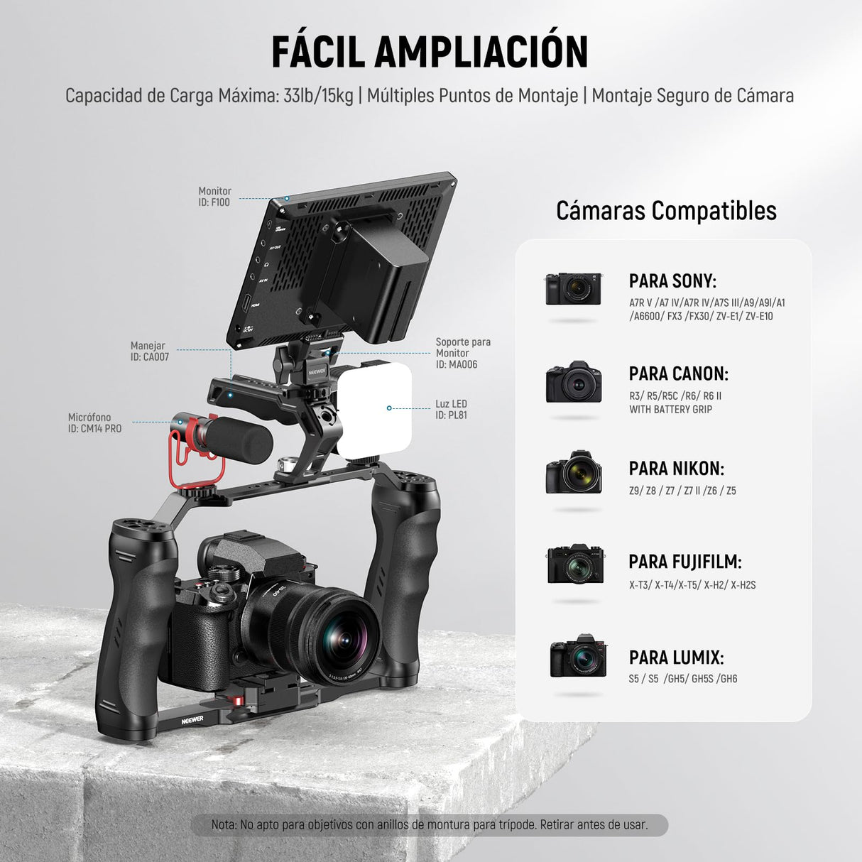 NEEWER Jaula Cámara Video Rig con Placa Liberación Rápida Arca, Empuñadura Dual, Roscas ARRI 3/8" y 1/4", Zapata Fría, Cage Estabilizador Universal Compatible con SmallRig NEEWER Placa Base, CA077
