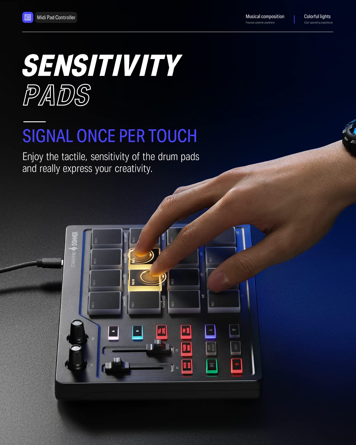 Donner Teclado controlador de almohadilla MIDI USB tipo C, máquina de almohadilla de tambor profesional Beat Maker con 16 almohadillas, salida MIDI, 2 atenuadores asignables y pomos