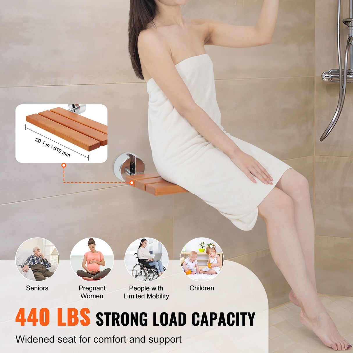VEVOR Asiento de Ducha Plegable de Teca, 510 x 350 x 50 mm, Montado en la Pared con Capacidad de Carga de 199,58 kg, para el Cuidado del Hogar, para Personas Mayores, Mujeres Embarazadas y Niños