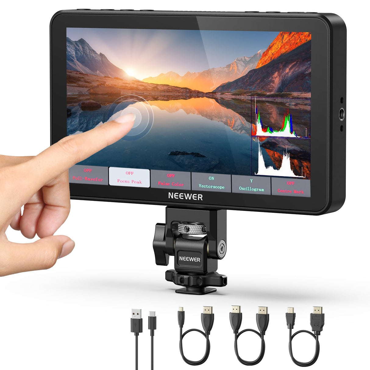 NEEWER F700 7" Monitor Campo Cámara, Pantalla Táctil IPS HD 2000nit 1920x1080 con LUT 3D, 4K HDMI Loop in/out con Peak Focus DSLR Video Asistencia Onda HDR, Montaje Zapata Fría, Batería No Incluida