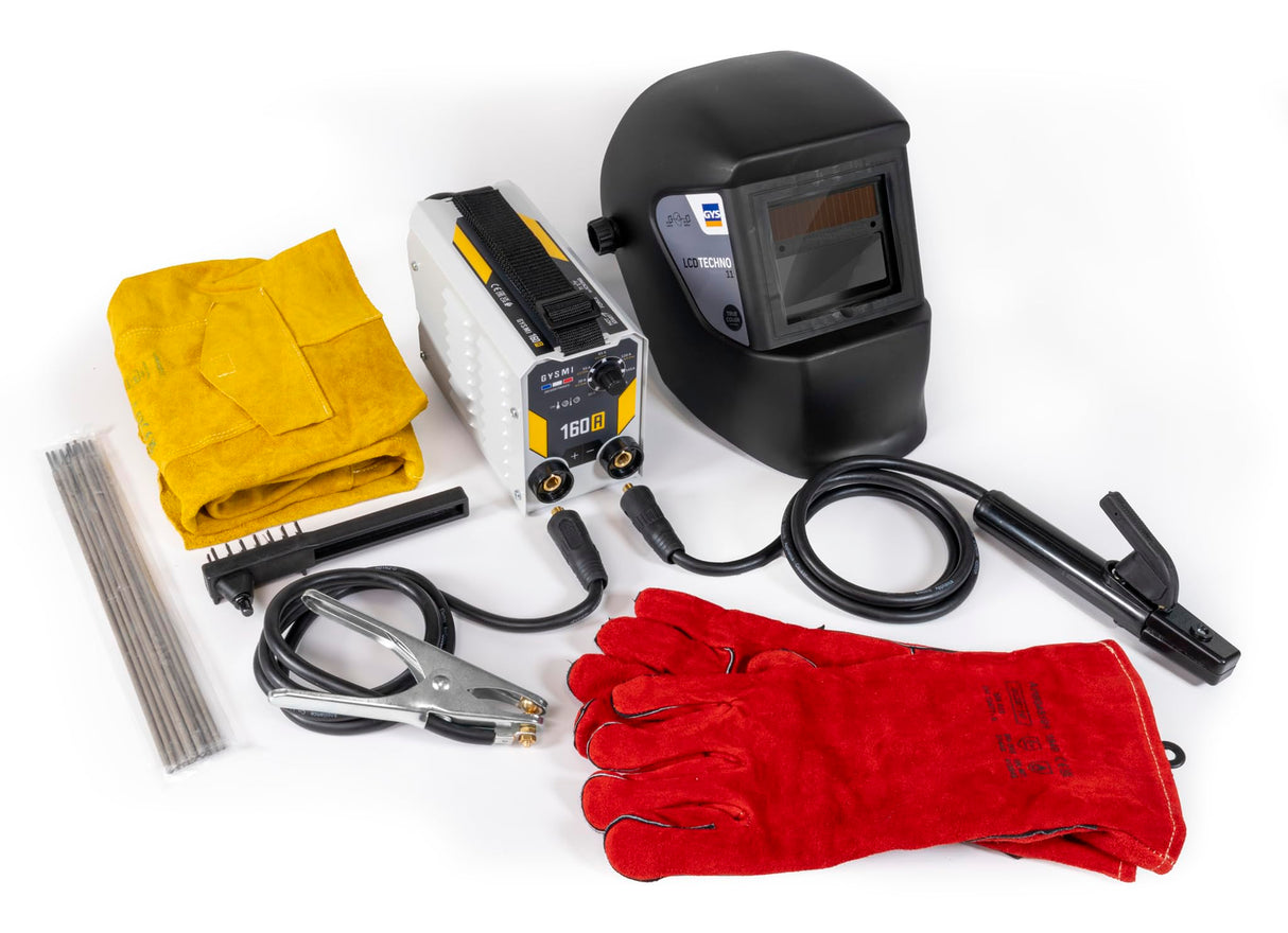 GYS, GYSMI 160A, estación de soldadura con electrodo recubierto de 160 A monofásico de 230 V (MMA), con máscara LCD TECHNO 11, portaelectrodos, cable de masa, 10 electrodos Ø2,5 mm, martillo/cepillo