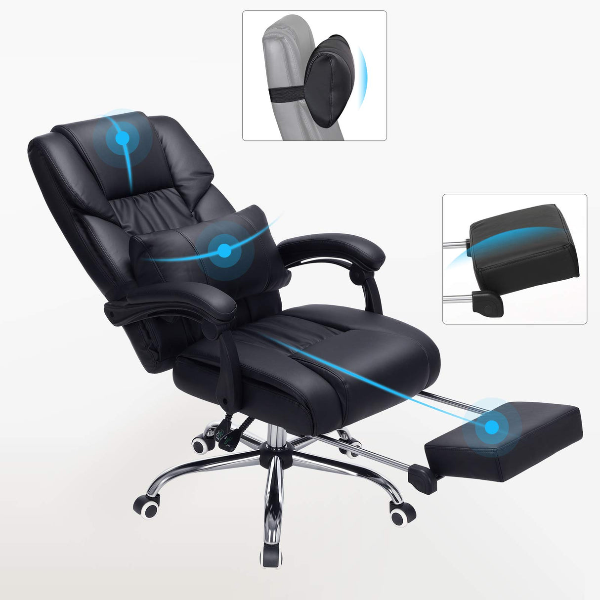 SONGMICS Racing Silla de Escritorio computadora Oficina Ergonómica con reposapiés Plegable PU Metal Cromado Negro 150 kg OBG71B