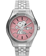 Timex Peanuts - Reloj de 36 mm para mujer, correa de acero inoxidable en tono plateado, esfera rosa, caja en tono plateado TW2V47400