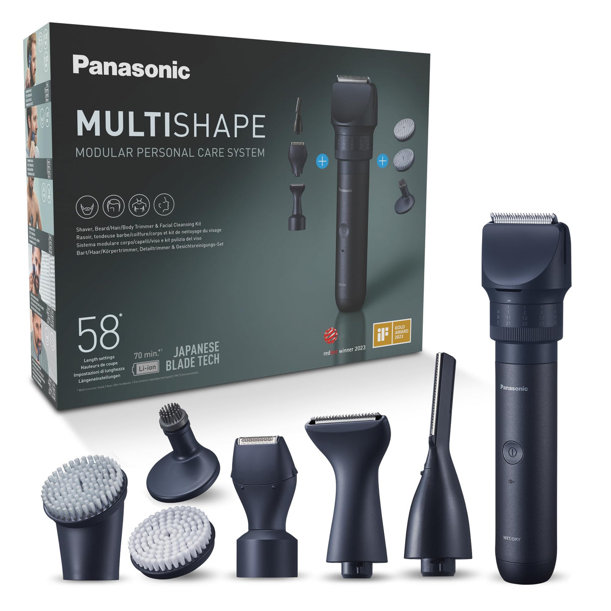 Panasonic MULTISHAPE ER-CKL2, ER-CDT1 & ER-CFB1 Paquete, Unidad principal, Accesorios Cabezales de Afeitado y Recorte, Cortabarbas y cortapelos, Cepillo Facial con batería de ion-litio, Negro