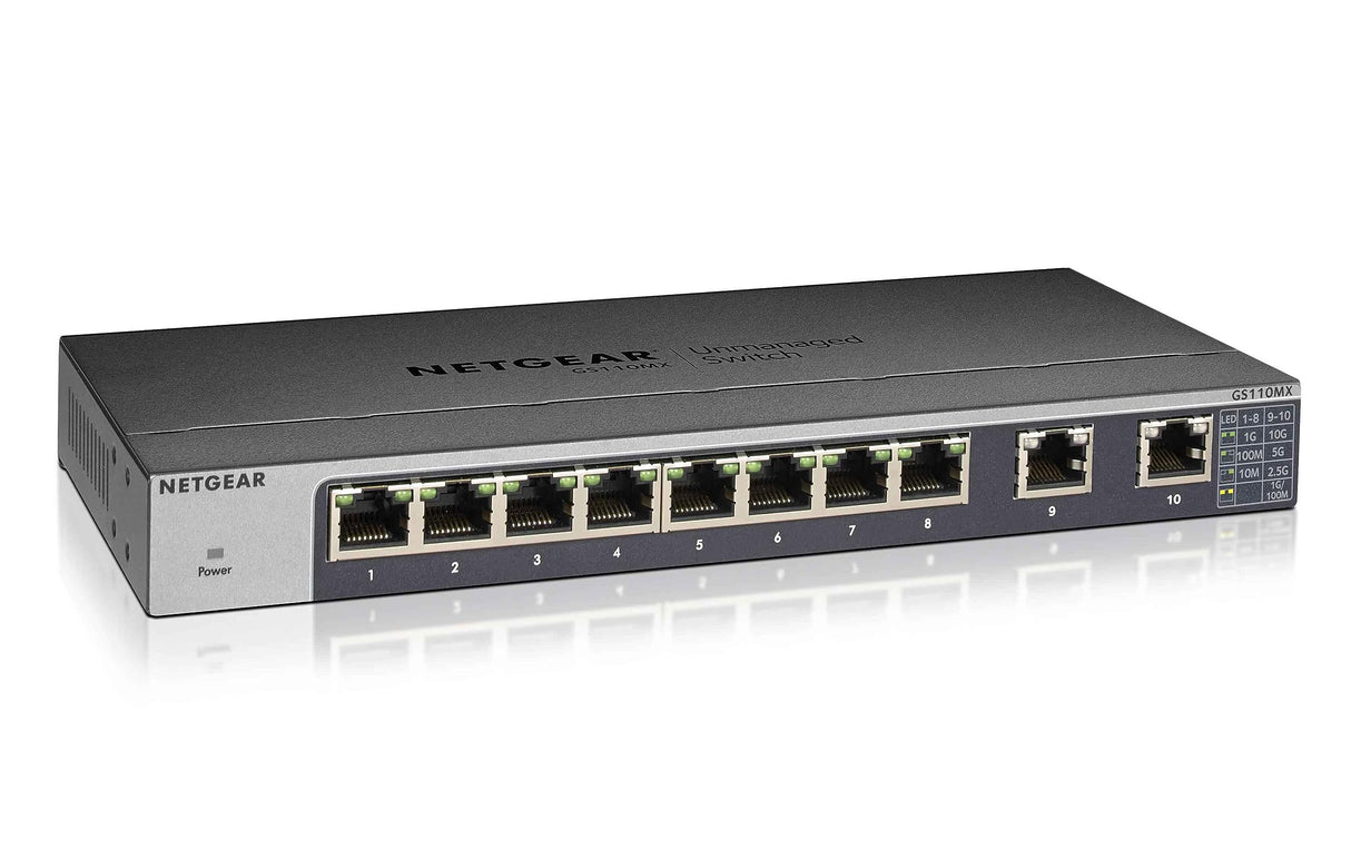 Netgear GS110MX-100UKS - Switch de red Smart Plus no gestionable (8 puertos Gigabit y 2 puertos 10G/MultiGigabit con montaje en pared o bastidor, sin ventilador) [modelo UK]