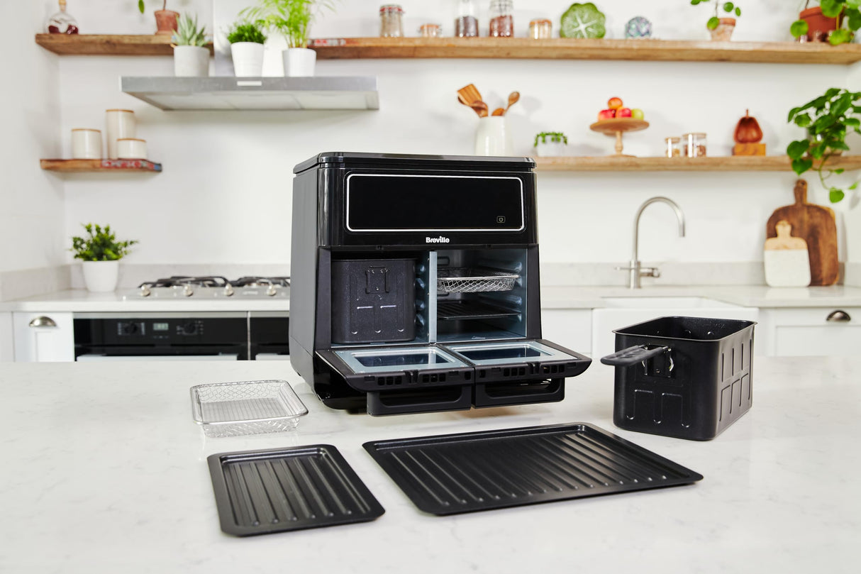 Breville Freidora de aire Halo Flexi | Horno con freidora de aire doble digital | 11 L Air Fryer: +10 raciones | Fríe, hornea, asa y calienta | 2400 W | Negro [VDF130X]