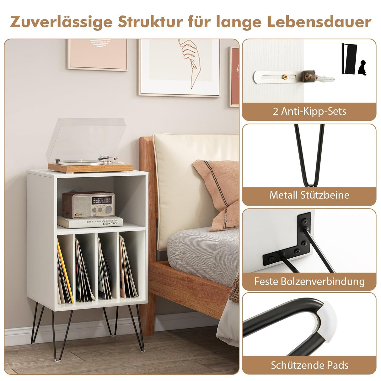 FANTASK Soporte para tocadiscos con estación de carga, soporte para discos de vinilo de 3 niveles, mesa de almacenamiento con estante y 4 separadores para salón, 48 x 40 x 88 cm