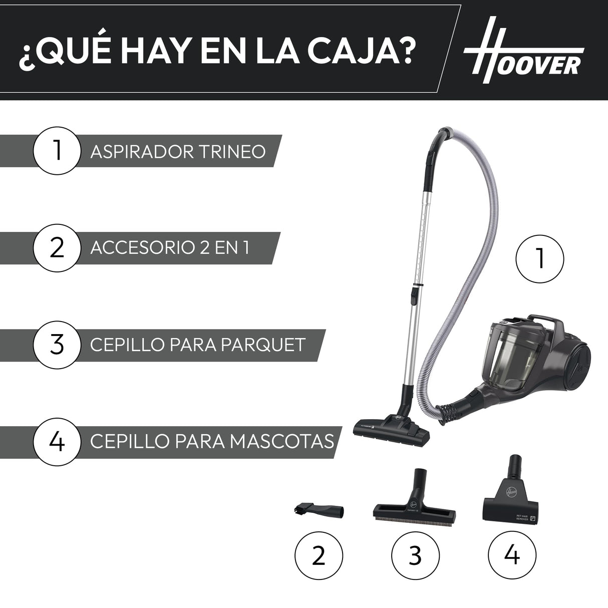 Hoover HP1 Aspiradora Compacta Potente para Suelos Duros, Delicados y Alfombras, Boquillas para Parquet y Mascotas, Filtro de Polvo EPA, Capacidad 2L, Accesorios Integrados, Radio de 8,2m [HP120PET]