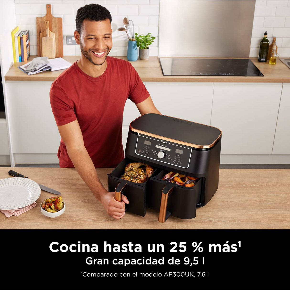 Ninja Freidora de aire Foodi MAX [AF400EUCP] doble compartimento, 9,5 l de capacidad, 2 cajones, 6 funciones, cobre