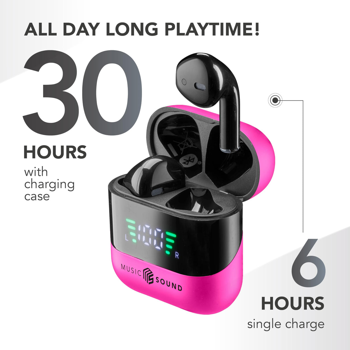 Music Sound, Spark - Auriculares TWS, Bluetooth, inalámbricos, Pantalla LED, Play Time 30 Horas, emparejamiento automático, Controles táctiles en los Auriculares, Rosa