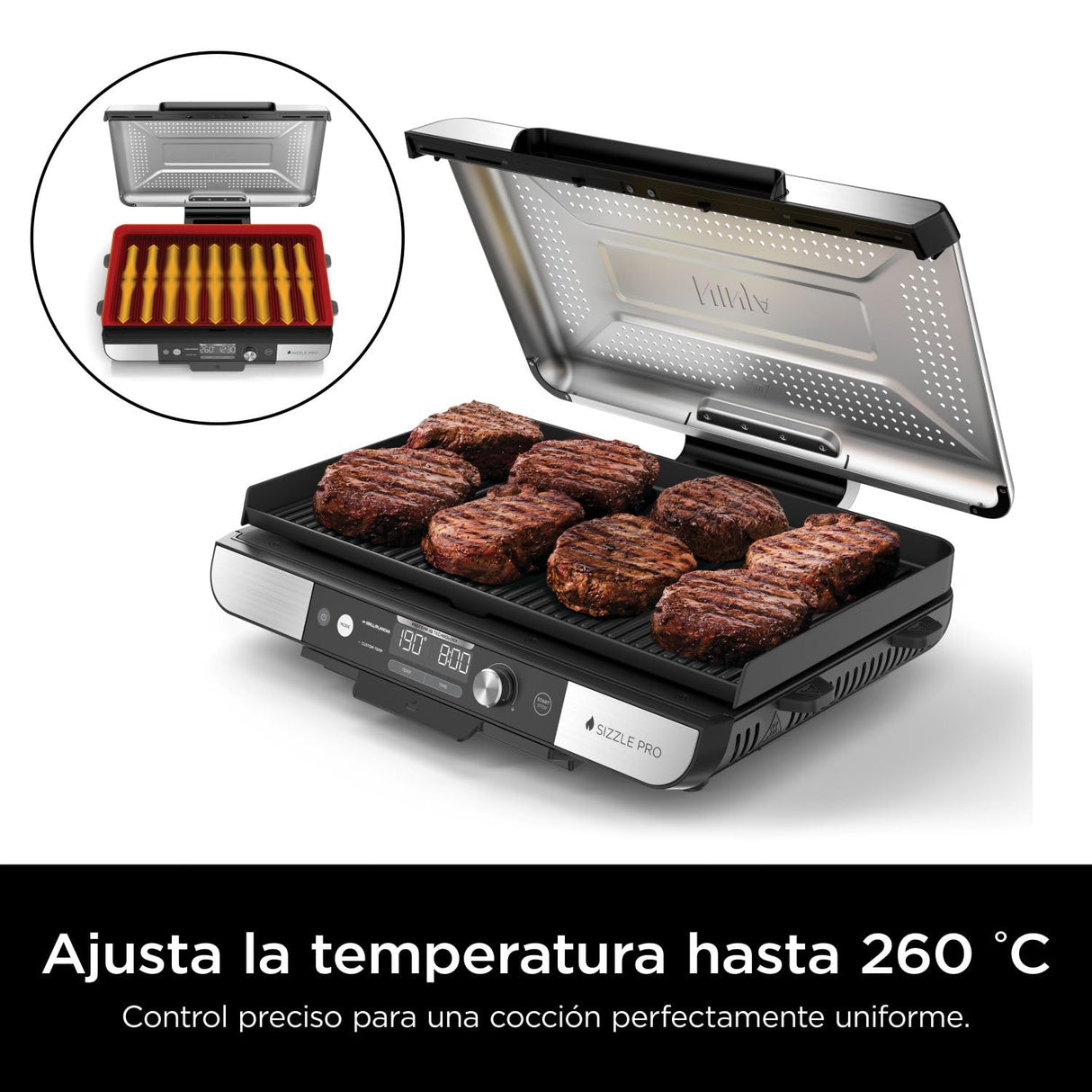 Ninja Sizzle Pro XL Parrilla y plancha para interior, con placa de parrilla y plancha cerámicas antiadherentes, tapa desmontable, recogegrasas y guía de recetas, color plateado/negro GX101EU