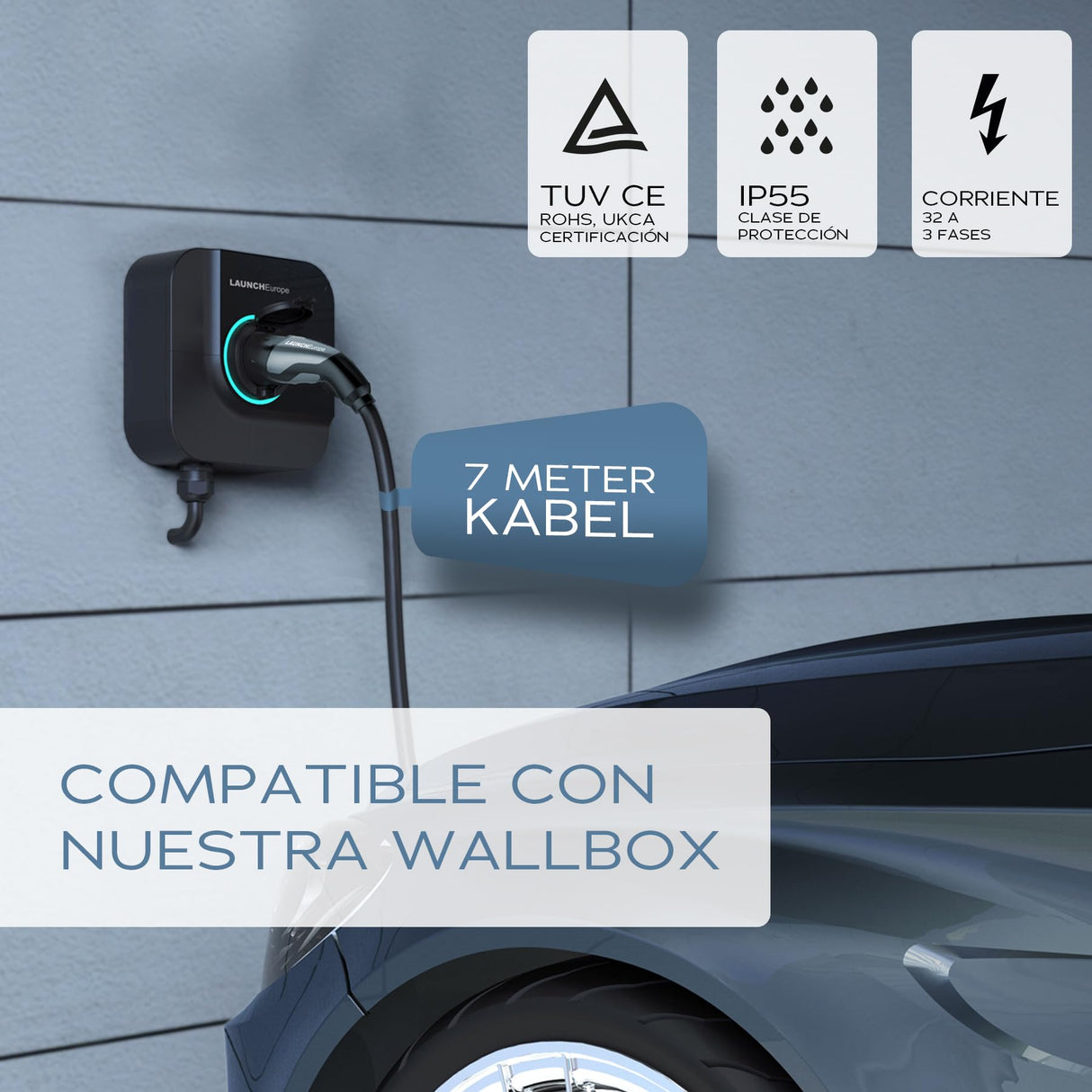 Launch Cable de Carga Tipo 2-22kW 7M 32A para Coche eléctrico, Ideal para EV/PHEV Tipo 2 a Tipo 2, 3 Fases, IP55, con Bolsa de Transporte. Compatible con vehículos T-Mode y E-Golf.