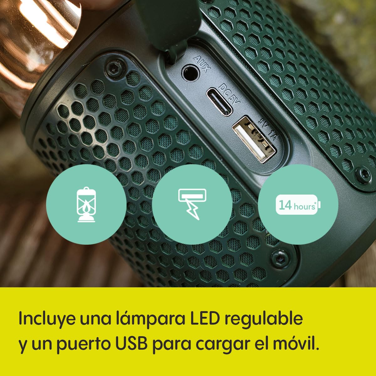 Pure Woodland Glow Altavoz Exterior con Lámpara LED (Bluetooth 5.3, Sonido de 360°, IPX6, portátil, batería de 14 Horas jardín y Camping) Verde