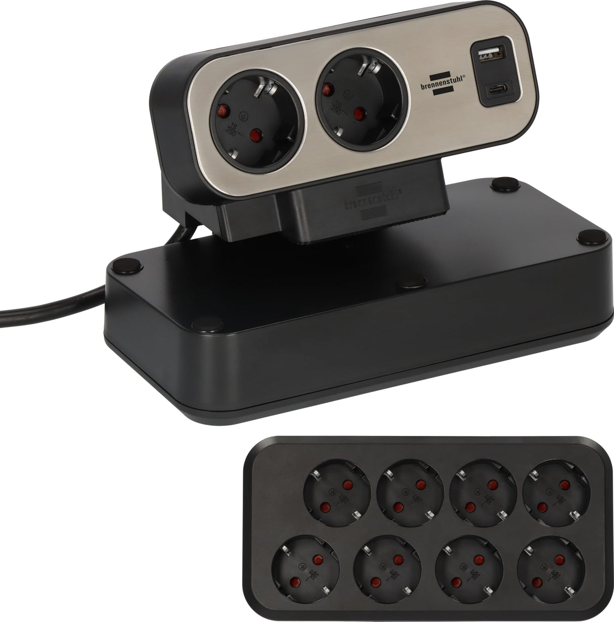 Brennenstuhl Regleta de sobremesa dúplex con Interruptor (Regleta con USB C Power Delivery, 1x USB C y 1x USB A, 10x Tomas de Contacto de protección, 2m) Plata/Negro
