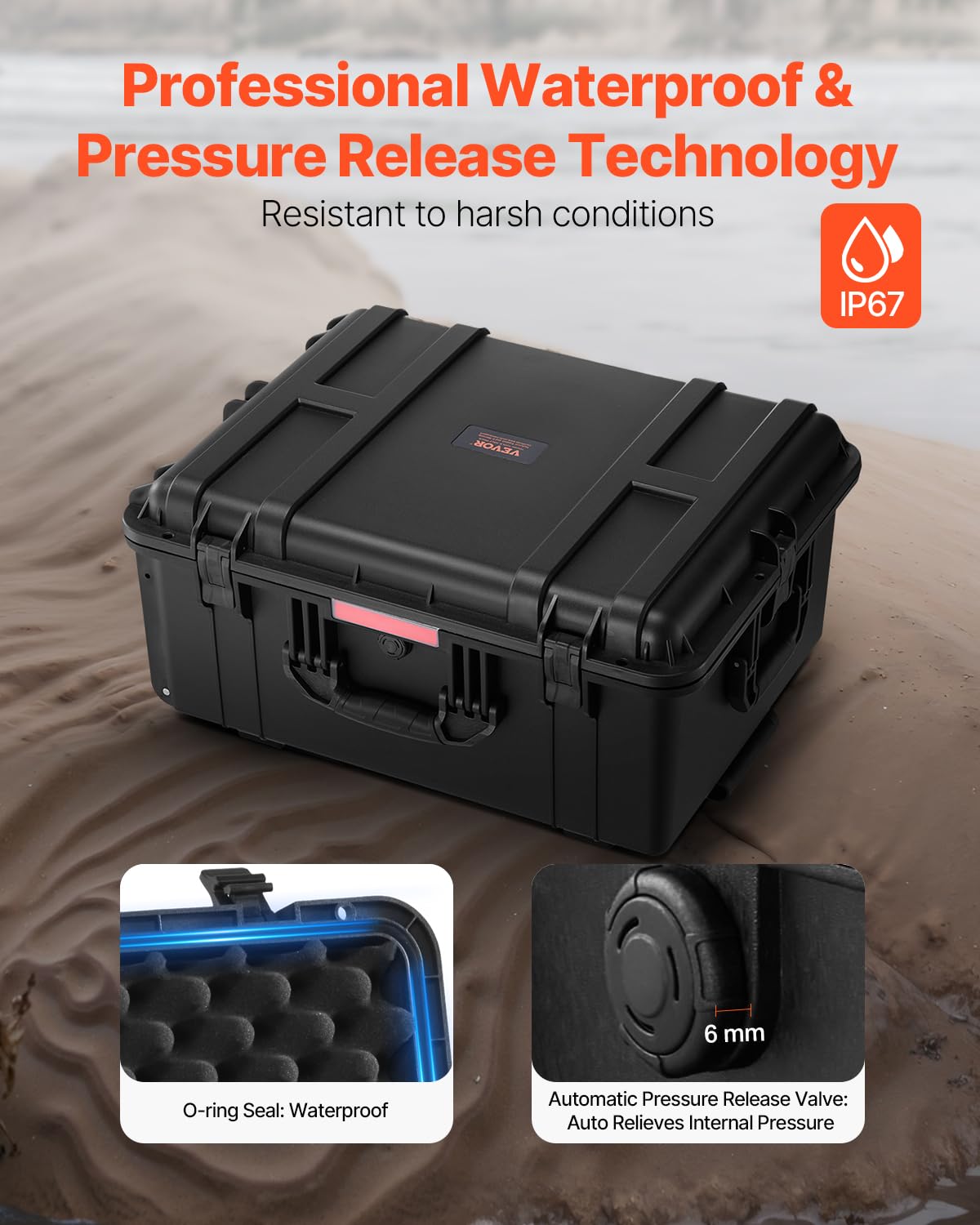 VEVOR Estuche Rígido Impermeable de 630 x 500 x 318 mm con Ruedas Giratorias y Manija Retráctil, Estuche Protector Impermeable IP67 con Clips, Orificios para Candado y Espuma Insertada, Negro