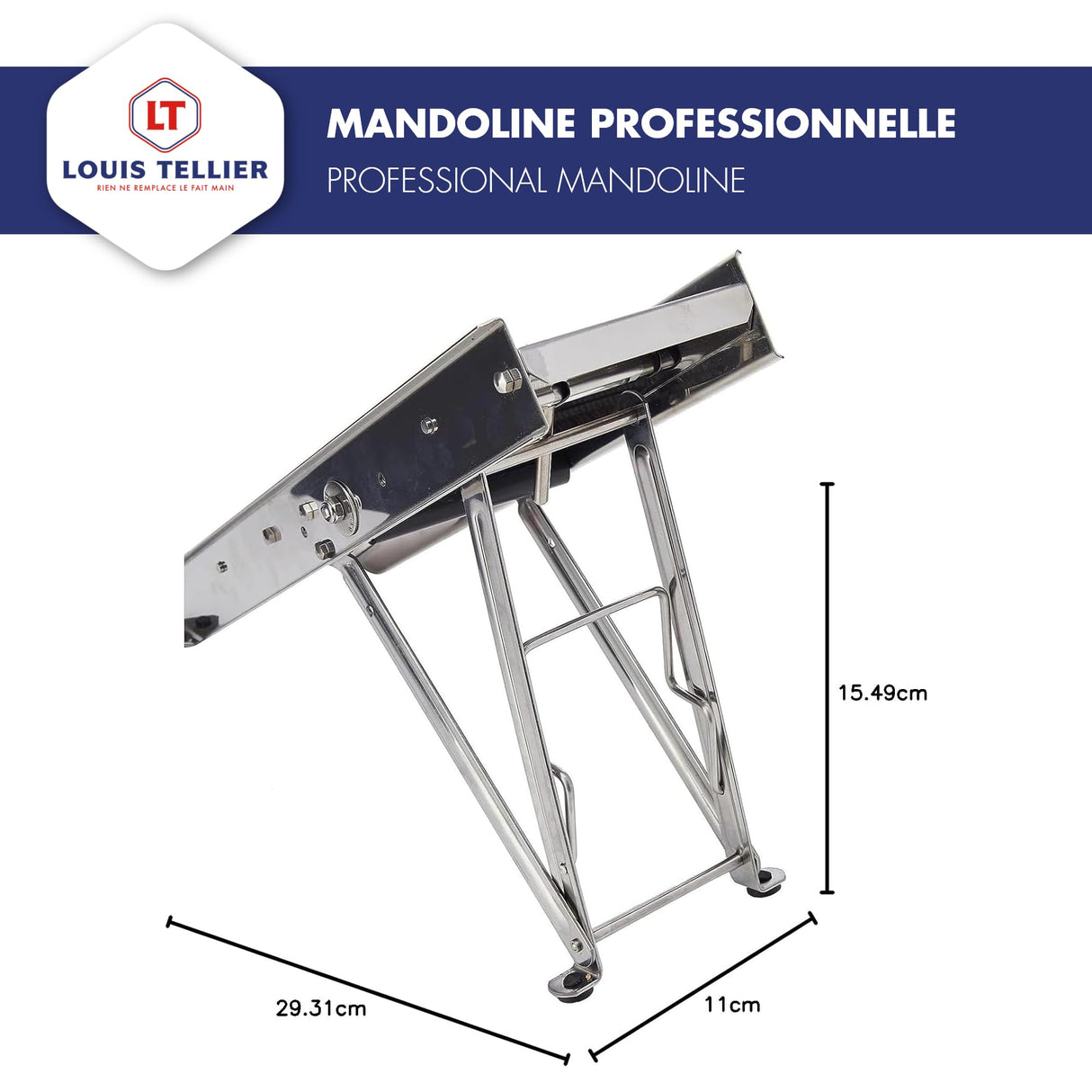 LOUIS TELLIER - Mandolina Profesional de Acero Inoxidable – Cortadora Multifuncional de Frutas y Verduras – Cuchilla Lisa y Ondulada - Grosor Ajustable – 29,3 x 15,5 x 11 cm - Fabricado en Francia