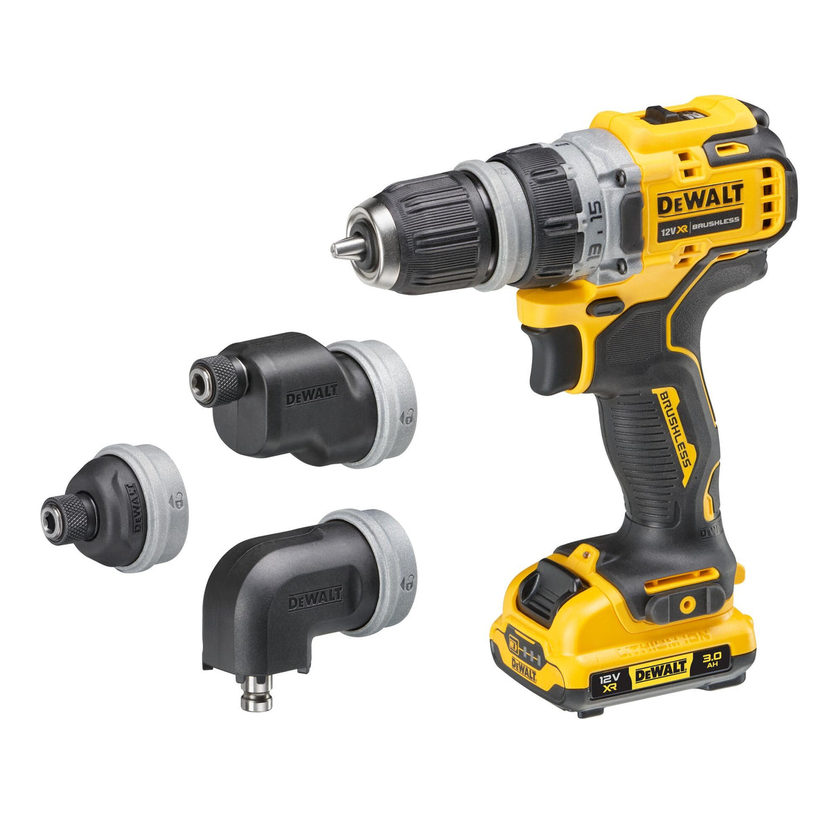 DEWALT DCD703L2T-QW - Destornillador eléctrico 12V, 2 velocidades, 3Ah, Motor sin escobillas, 4 herramientas intercambiables, Incluye 2 baterías, cargador, clip de cinturón de metal y caja TSTAK
