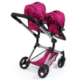 Bayer Design 26267AA Cochecito de Muñeca Gemelas, Carrito Paseo para muñecos, Ajustable en Altura, Plegable, con la Bolsa de Bandolera, Compatible con Silla de Coche EasyGo