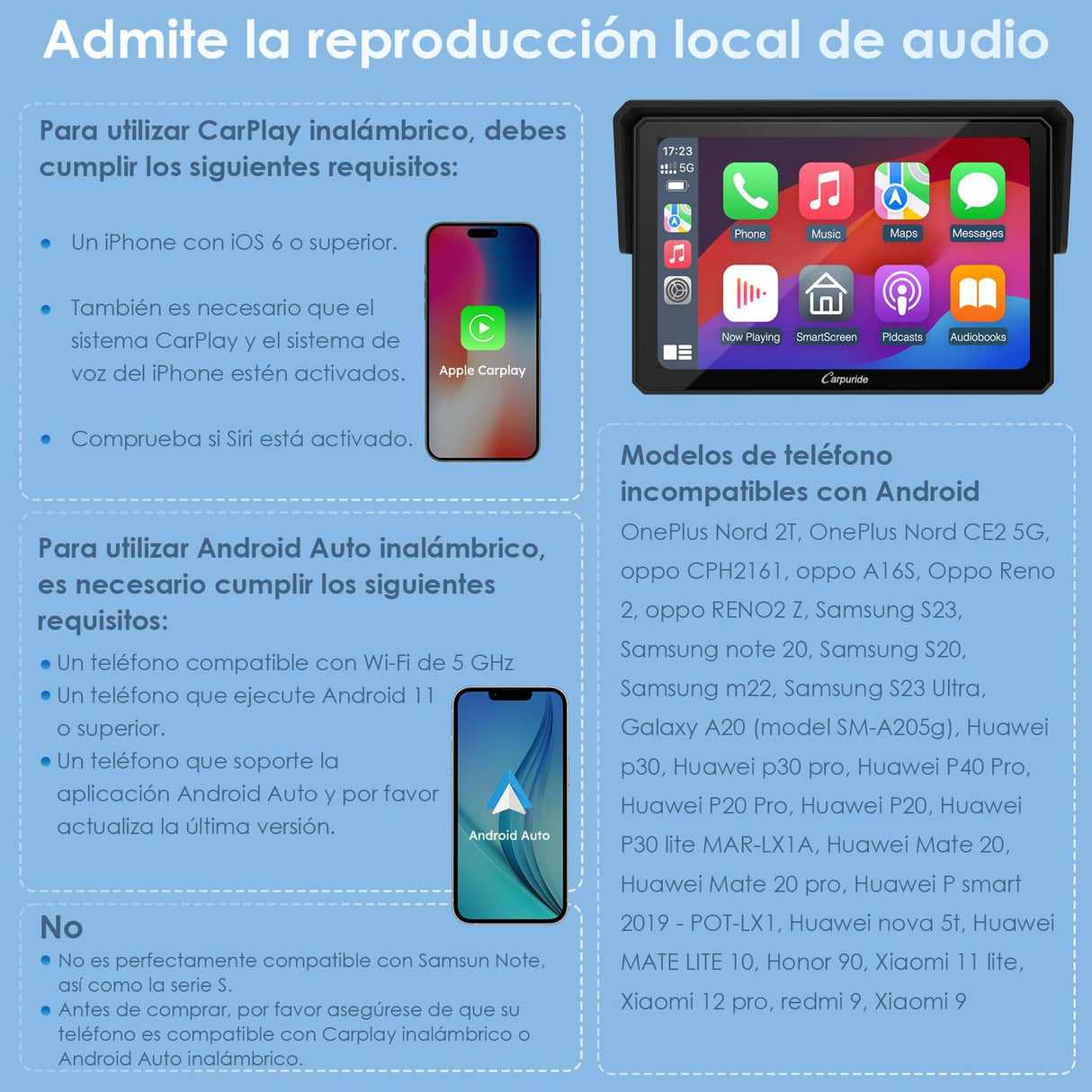 Pantalla Moto Carpuride W502, 5" IPS Táctil IP67 Impermeable, CarPlay & Android Auto Inalámbricos, GPS, Control por Voz Siri/Asistente Google, Dual Bluetooth, Soporte Ajustable Manillar