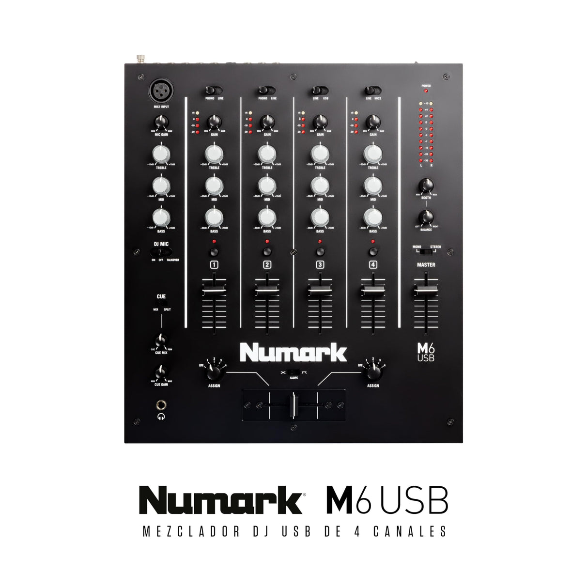 Numark M6 USB Mesa de Mezclas DJ de 4 Canales, Interfaz de Audio Integrada, EQ de 3 Bandas, Entrada Micro y Crossfader Reemplazable con Control de Curva