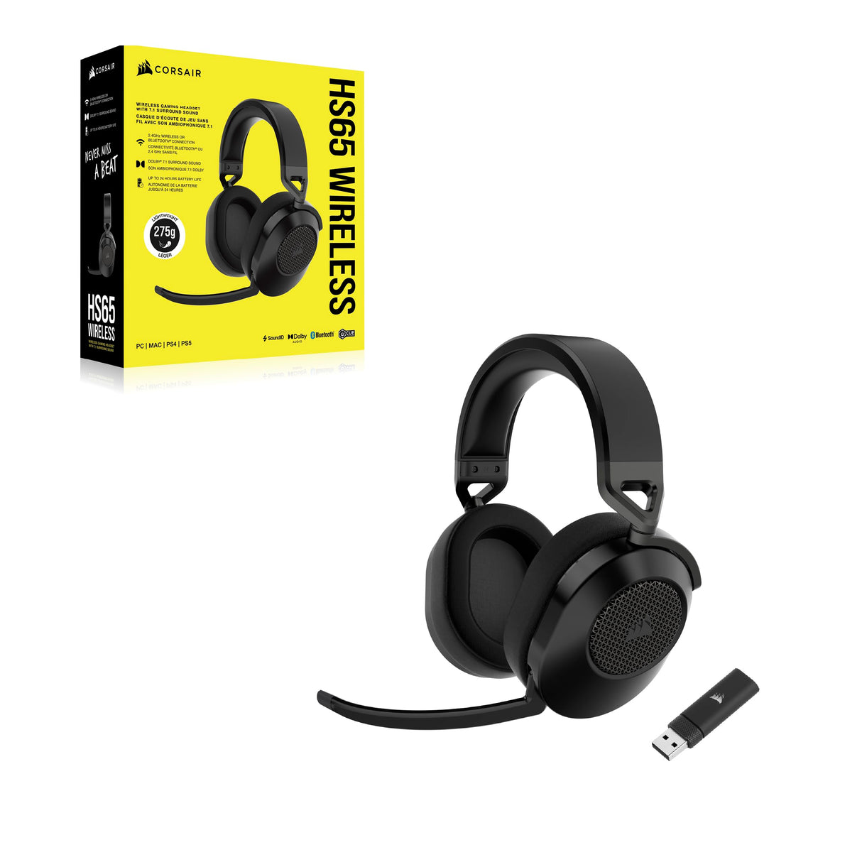 Corsair HS65 WIRELESS Auriculares para Juegos Multiplataforma con Bluetooth - Dolby 7.1 Sonido Envolvente - Micrófono Omnidireccional - iCUE - PC, Mac, PS5, PS4, Nintendo Switch, Móvil - Carbono