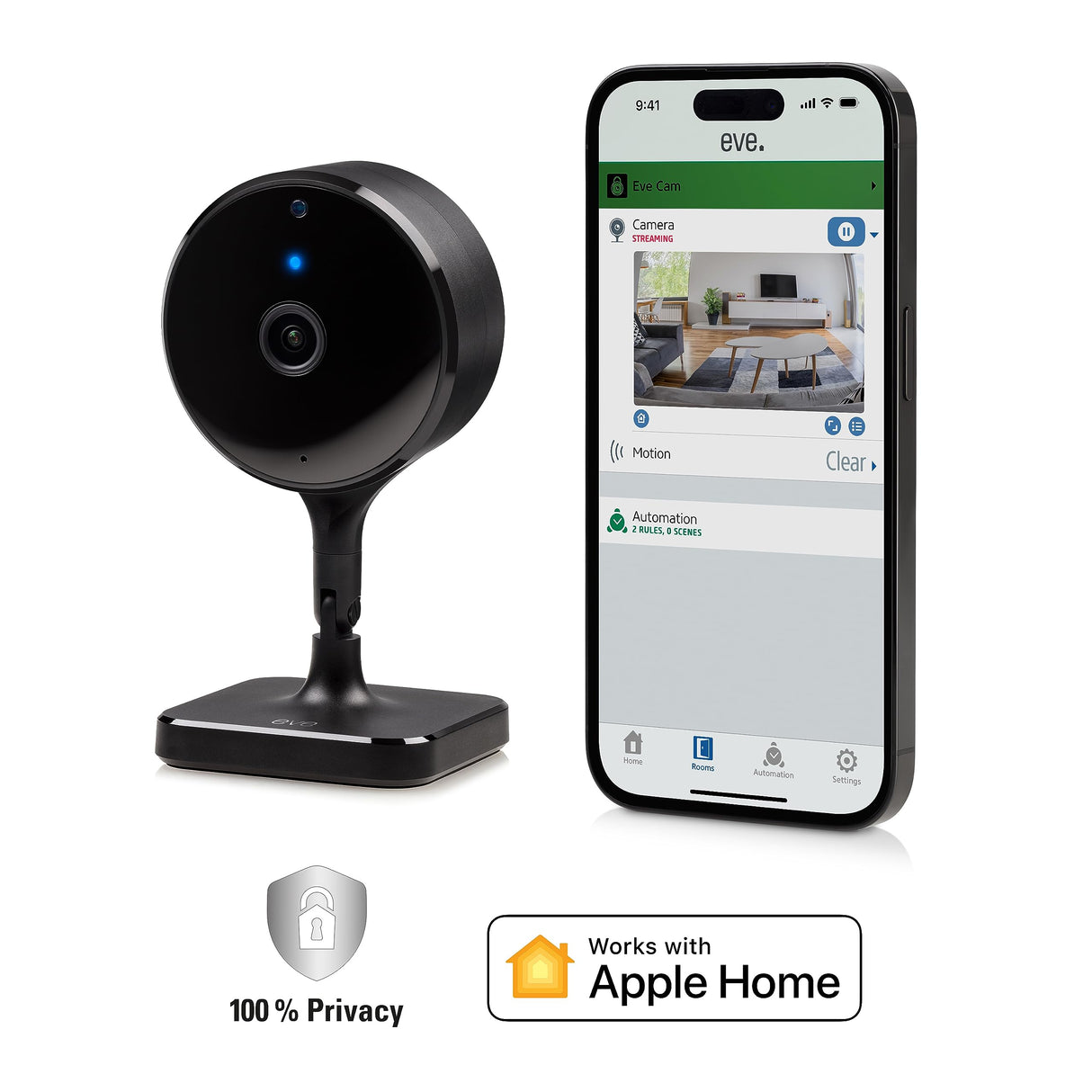 Eve Cam, cámara inteligente para interior, resolución 1080p, Wi-Fi, privacidad total, HomeKit Secure Video, notificaciones en iPhone, micrófono y altavoz, visión nocturna, instalación flexible