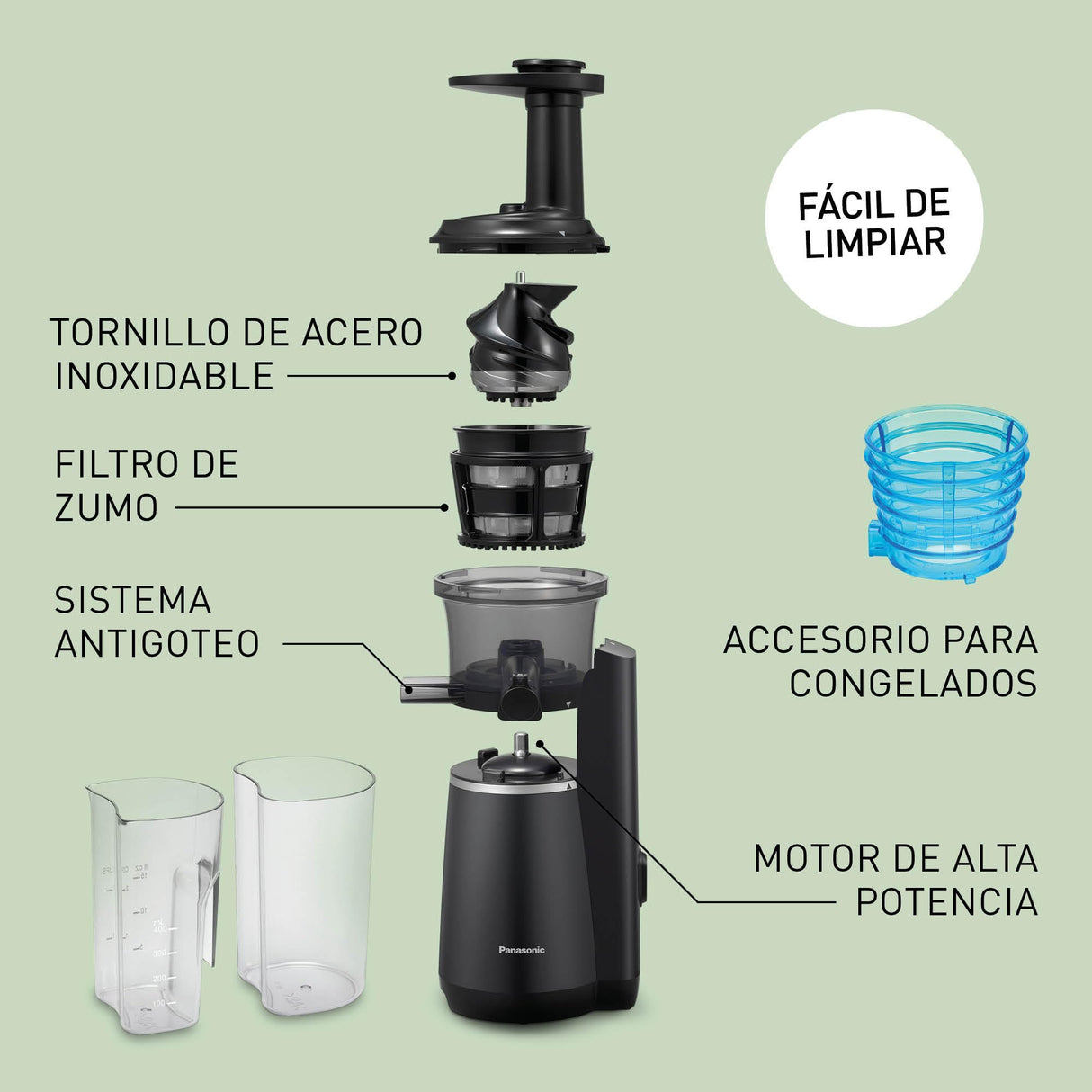 Panasonic Slow Juicer MJ-L501, Exprimidora eléctrico de frutas y verduras, 150 W, acero inoxidable y plástico, diseño elegante y delgado, accesorio para ingredientes congelados, negro