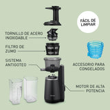 Panasonic Slow Juicer MJ-L501, Exprimidora eléctrico de frutas y verduras, 150 W, acero inoxidable y plástico, diseño elegante y delgado, accesorio para ingredientes congelados, negro