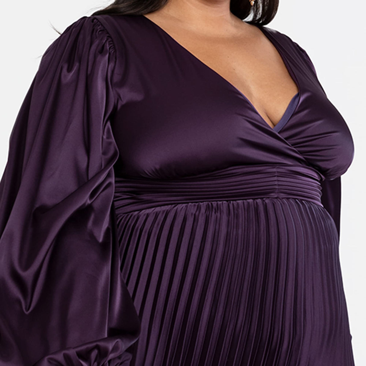 Lovedrobe Pleated Midaxi Dress Ladies Evening Gown V Neckline Back Keyhole Long Sleeve Bishop Satin A Line Vestido, Purple, 22 para Mujer